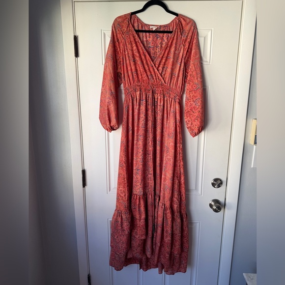 CHAUDRY SIZE M MAXI DRESS BOHO PAISLEY bohemian coral tiered ruffle - Picture 1 of 3